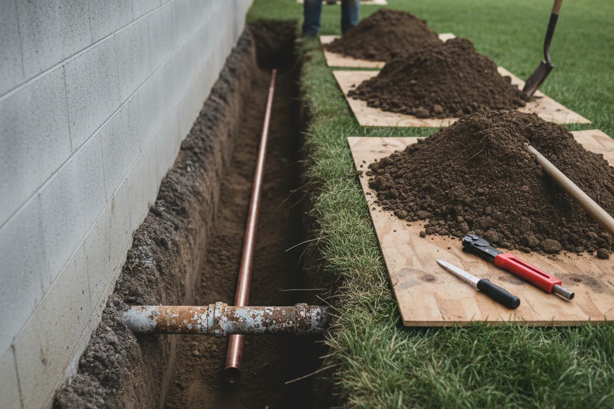 Excavated water line trench during Sewer Line Repair in Latham